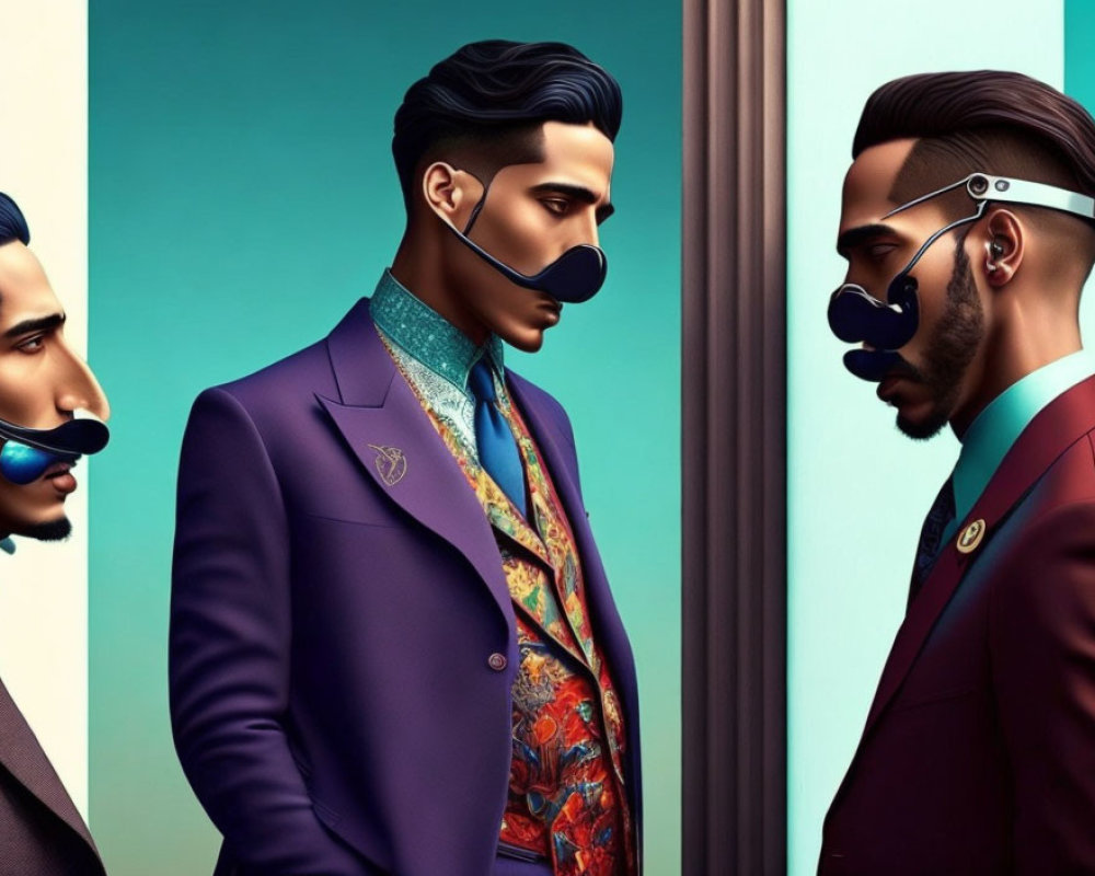 Stylized men in sharp suits with futuristic masks against teal and peach backdrops