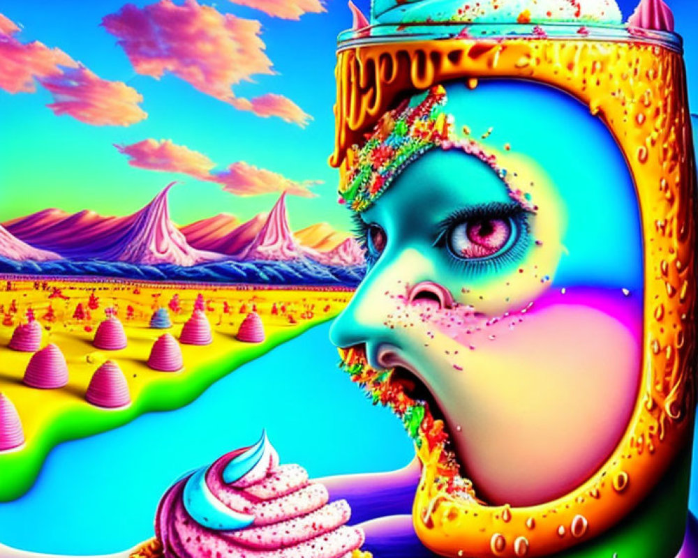 Colorful surreal landscape with face profile and cupcake, fantasy backdrop.