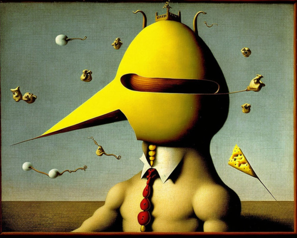 Surrealist Painting: Figure with Yellow Bell-Shaped Head and Melting Elements