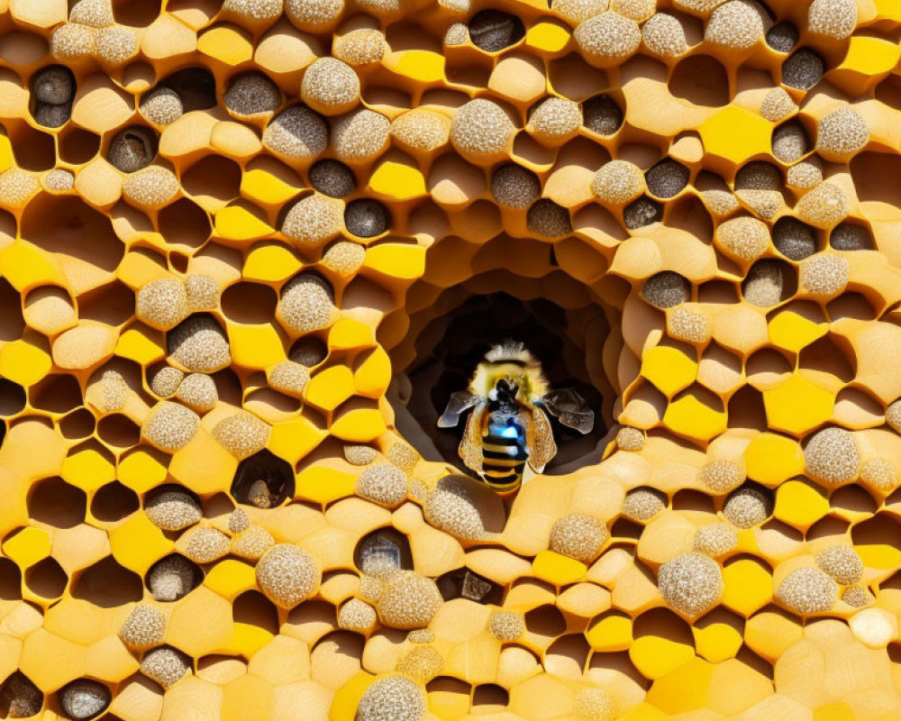 Bee with Pollen on Legs Emerges from Hexagon Honeycomb Cell