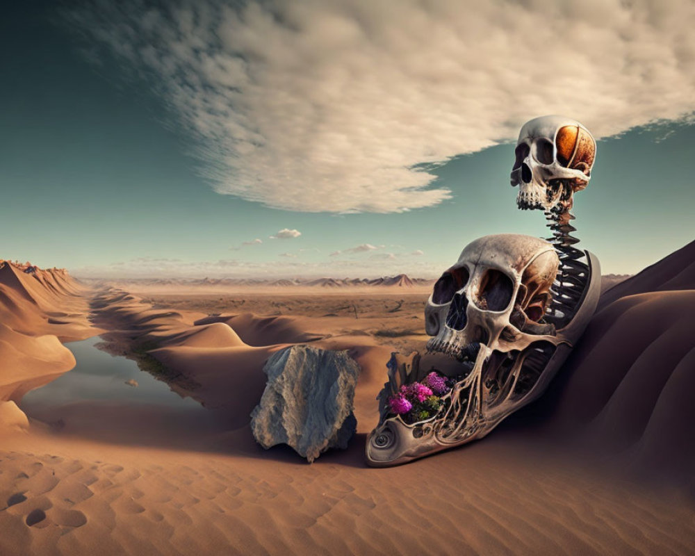 Surreal desert landscape with large skull and spine structure, second skull with purple flowers.