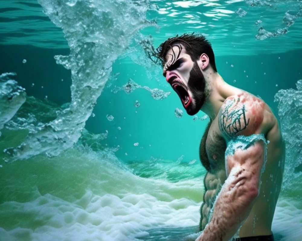 Man with skull face paint screaming underwater surrounded by bubbles and rocks