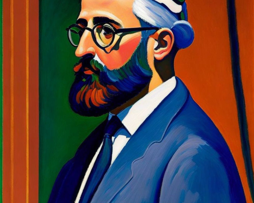 Colorful portrait of bearded man in blue suit and green visor on vibrant background