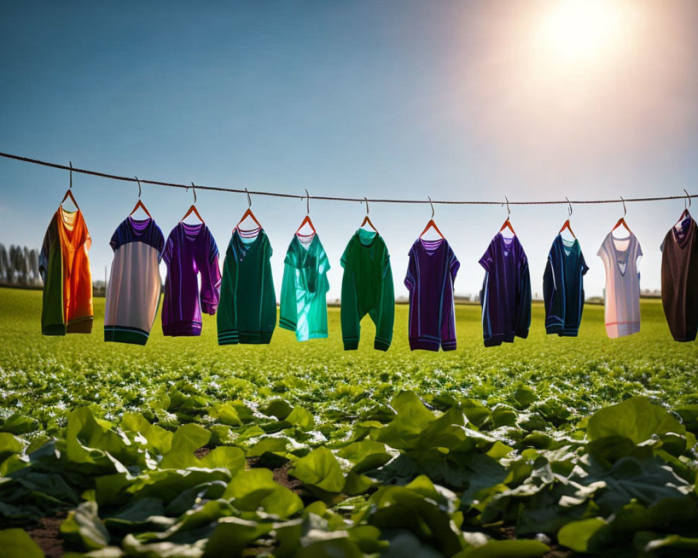 Vibrant shirts on clothesline over sunny crop field