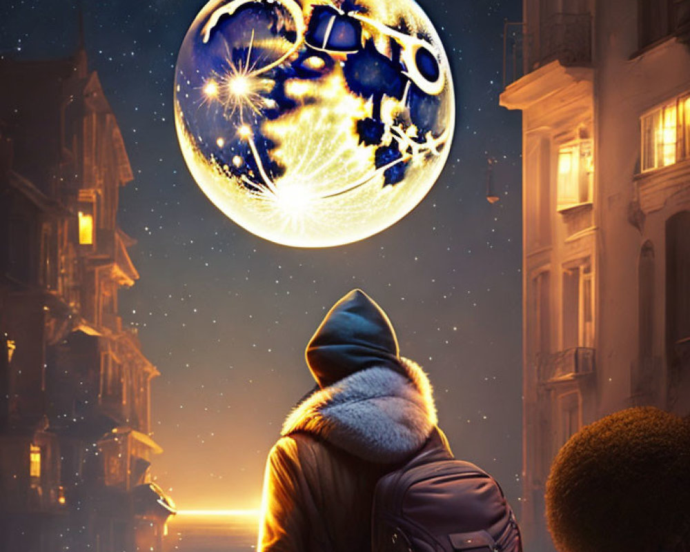 Person in Winter Jacket Observing Surreal Moon Over Snowy Street