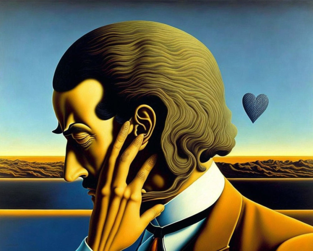 Surrealist side profile portrait with exaggerated features against desert landscape