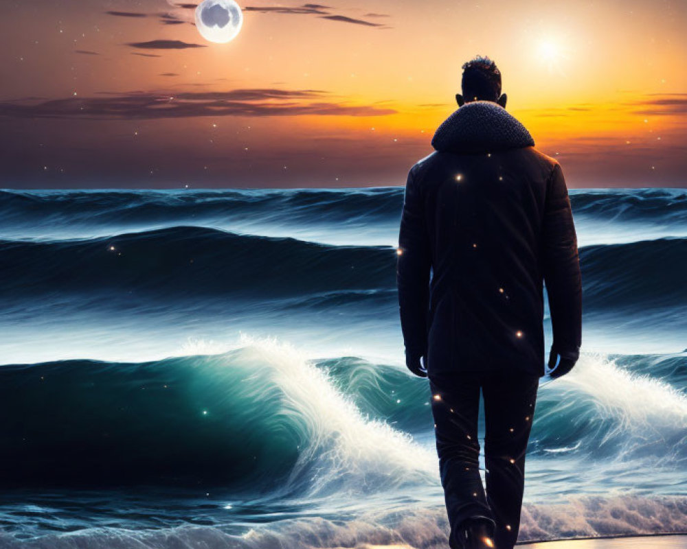 Person on shore at twilight gazes at large moon over turbulent waves under starry sky