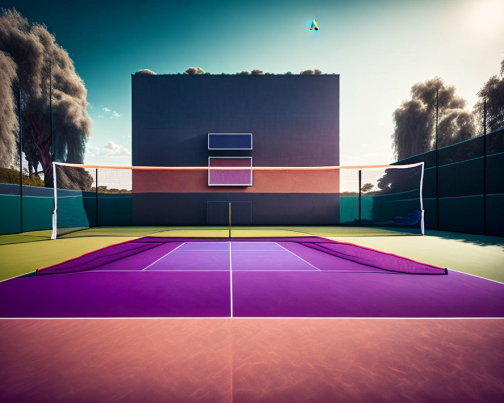 Colorful Tennis Court Surrounded by Trees and Kite