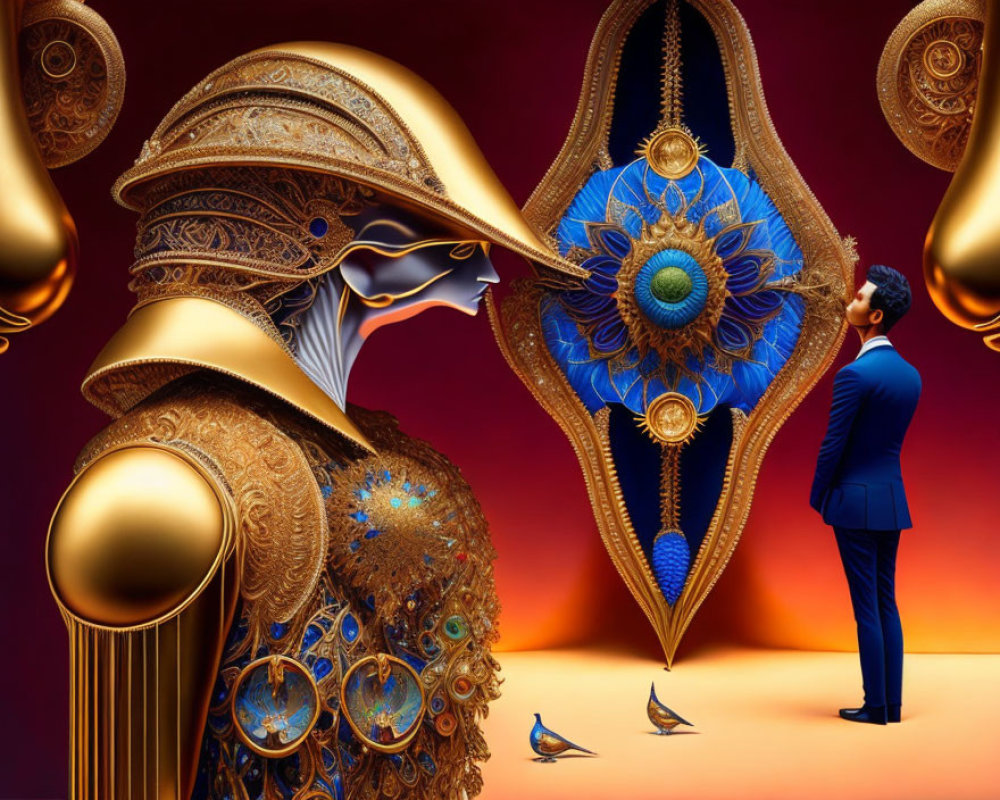 Man in Blue Suit Before Ornate Golden Mask with Peacocks