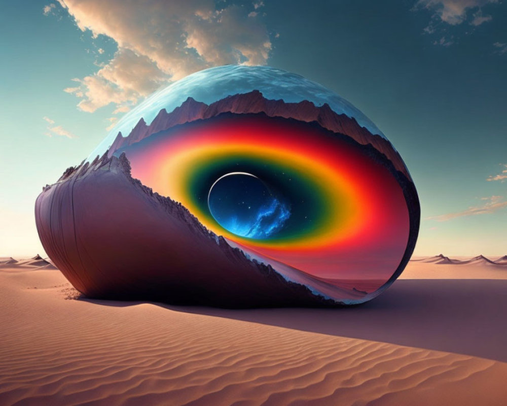 Surreal landscape featuring giant shell with rainbow spectrum in desert