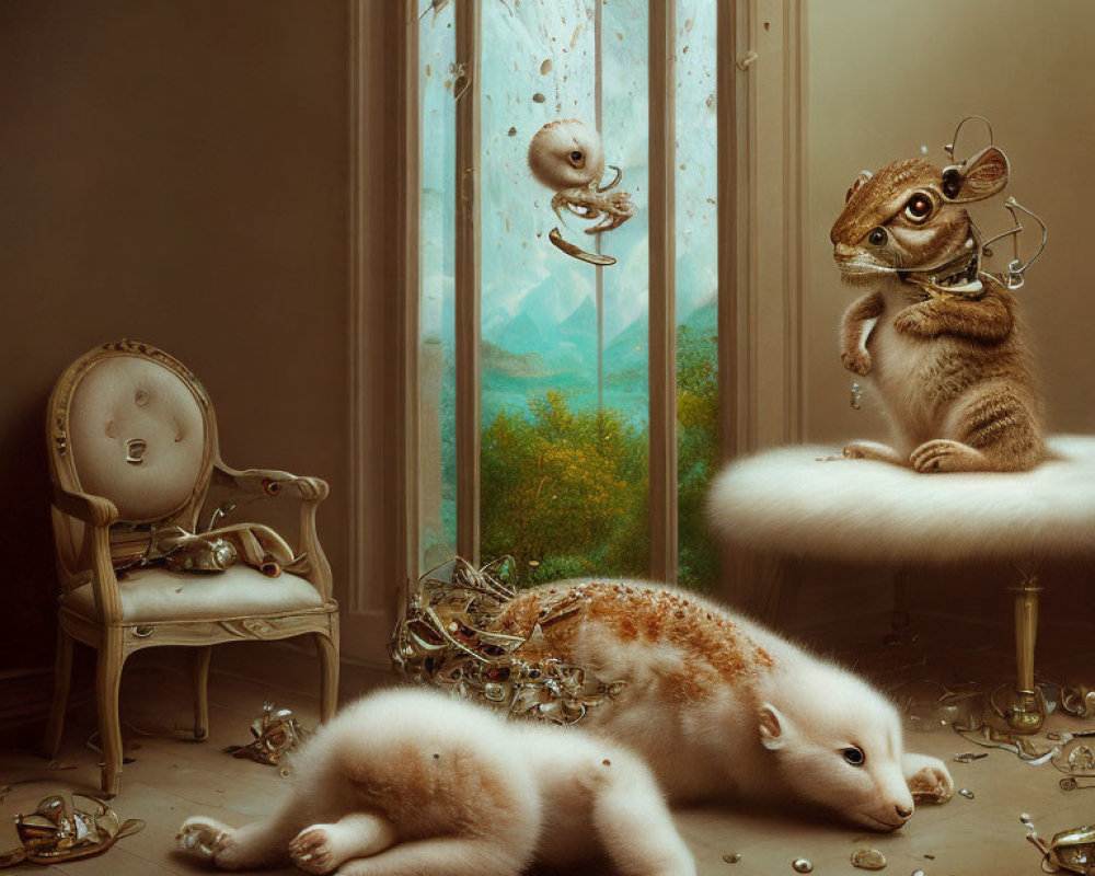 Surreal Artwork: Room with Fantastical Creatures, Mechanical Parts, Classic Chair, and