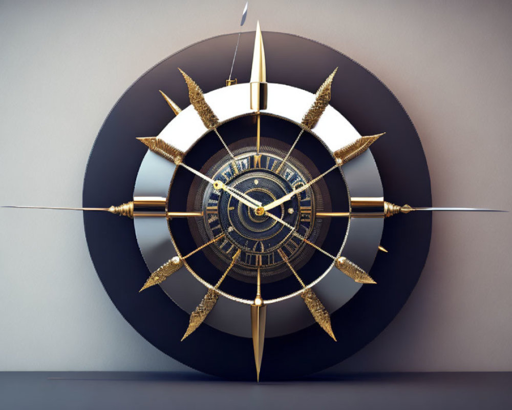 Metallic ornate compass rose on abstract circular background