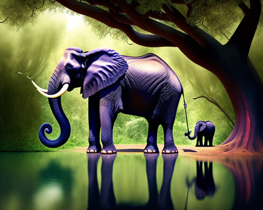 Two elephants in vibrant fantasy forest by water's edge