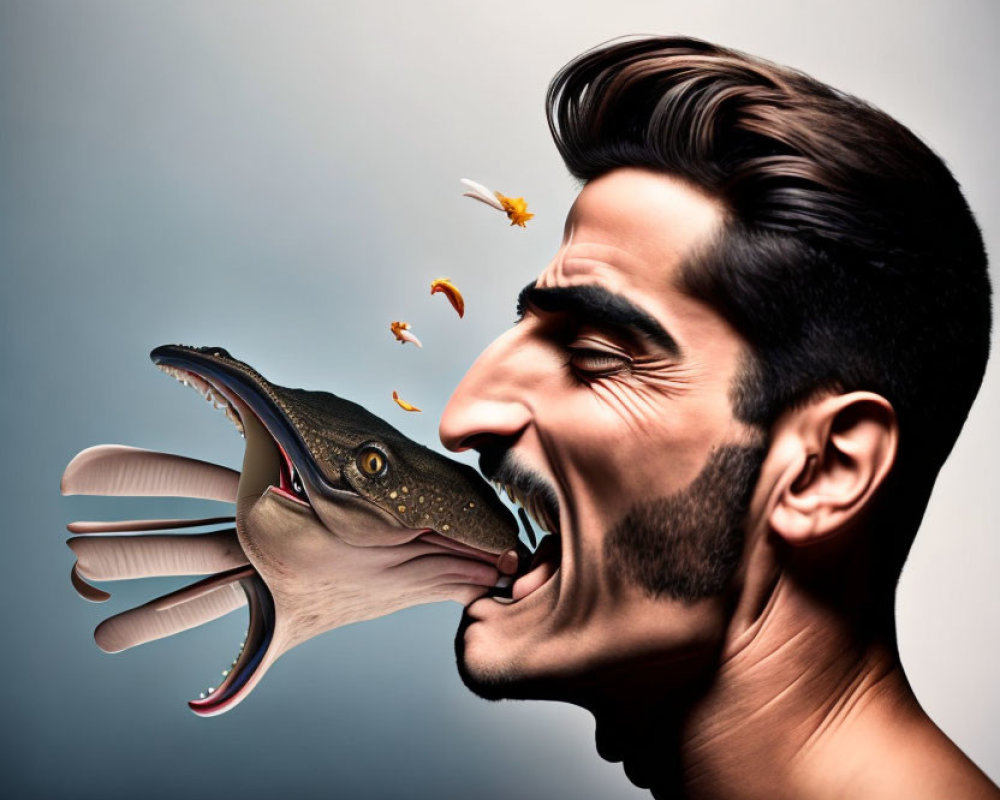 Surreal image: man with exaggerated smile and fish transformation