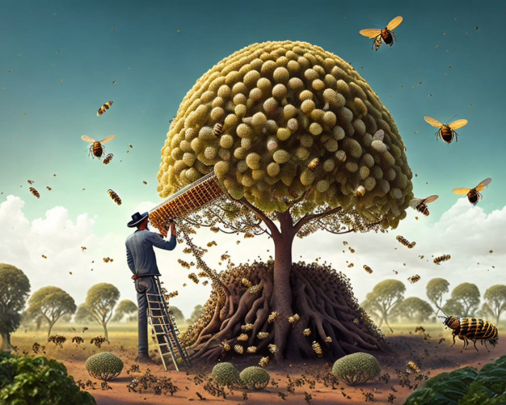 Person harvesting from oversized dandelion tree in surreal landscape