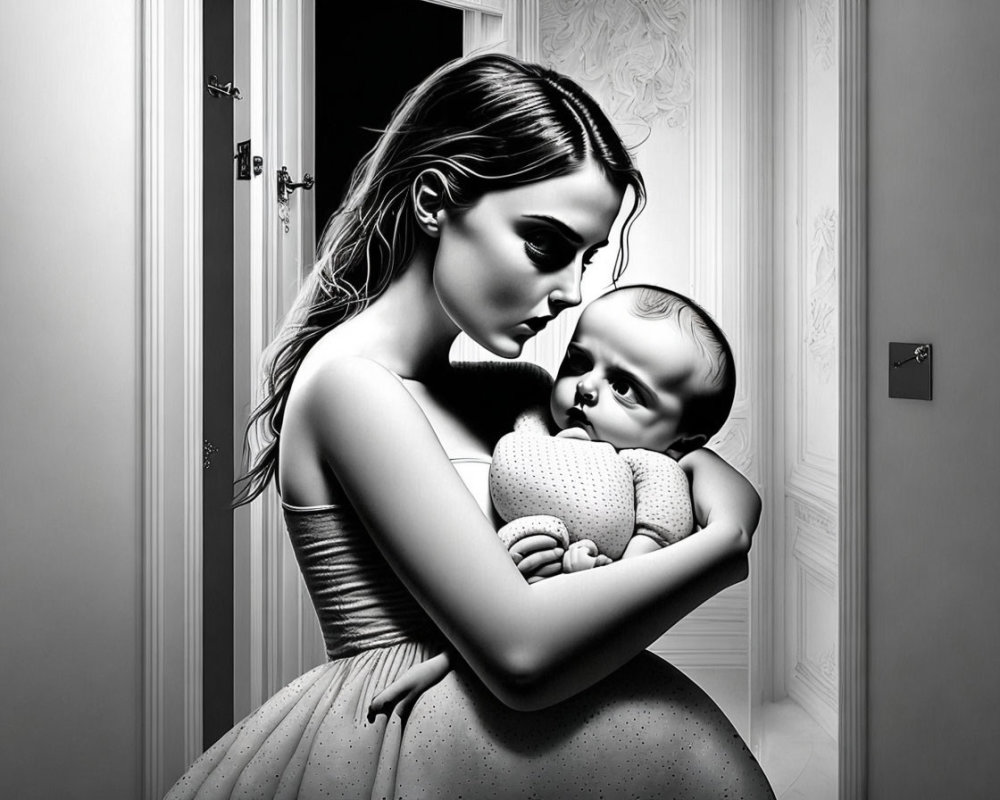 Monochrome artistic rendering of a woman holding a baby in a hallway