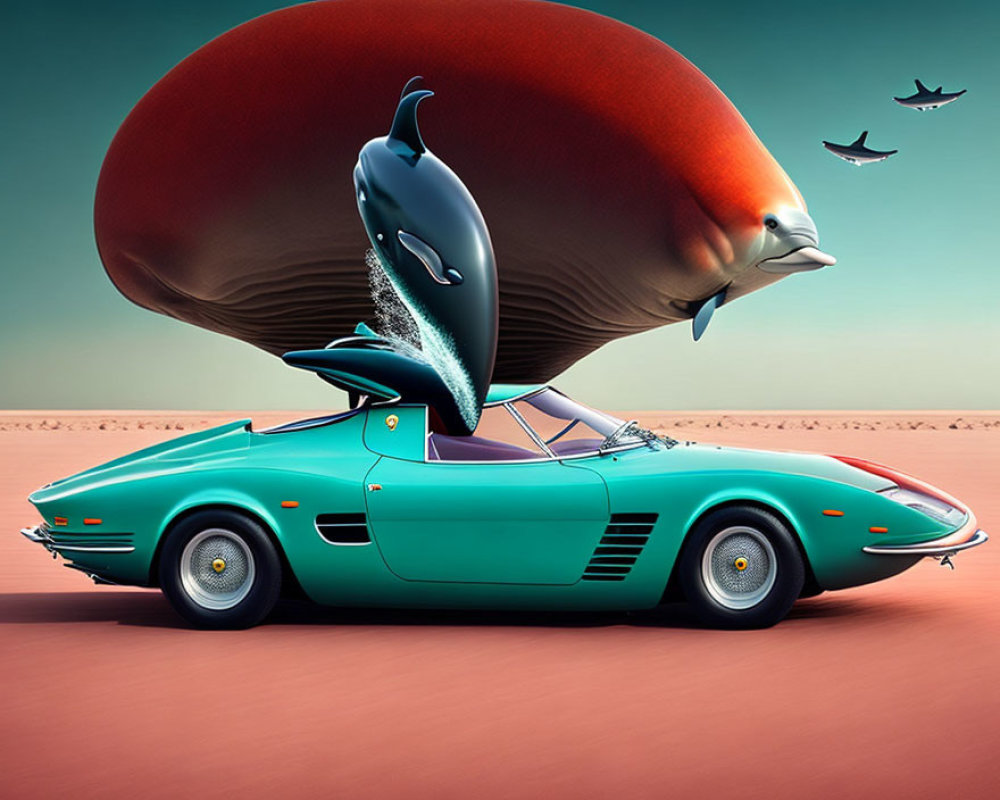 Vintage Teal Sports Car with Mushroom Cap Roof, Dolphin, Birds, and Sandy Background