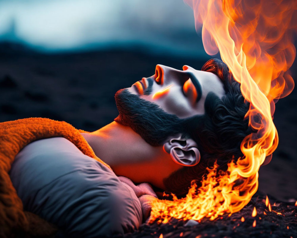 Man surrounded by stylized flames in surreal scene with warm orange and cool blue colors