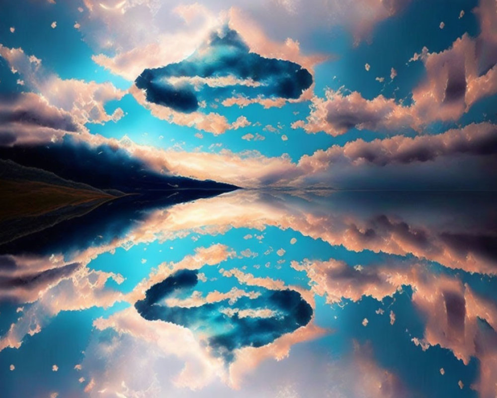 Symmetrical view of serene landscape with dramatic sky reflecting on water