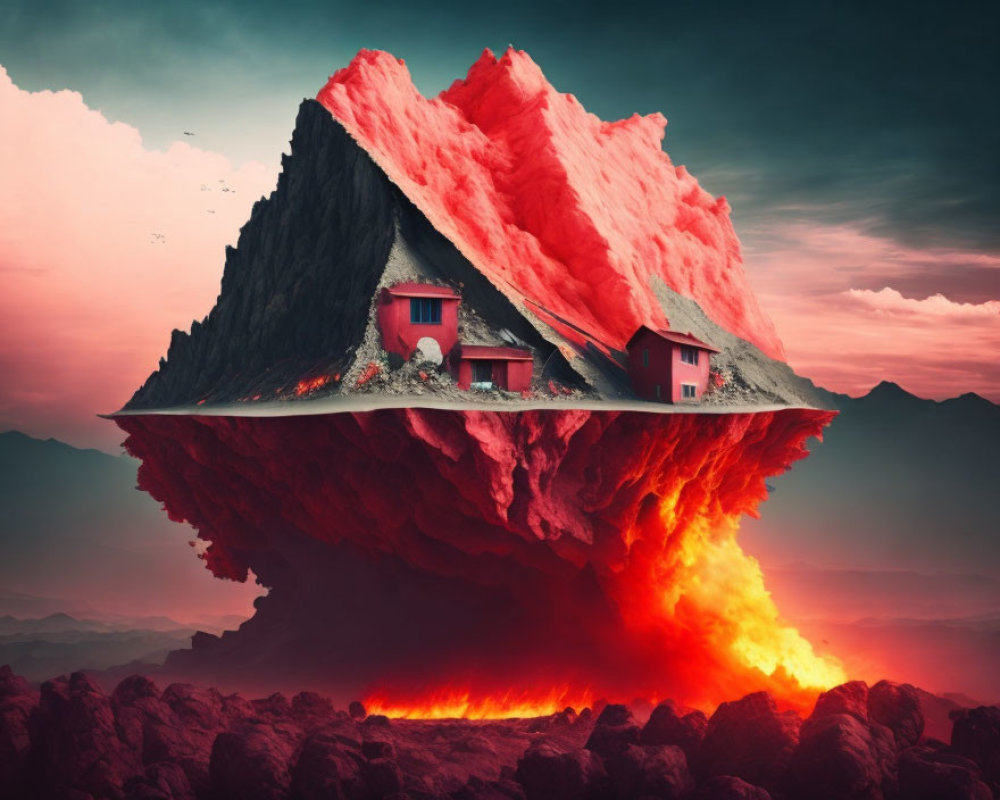 Floating Island with Lava Base in Dramatic Red Sky & Mountain Peak