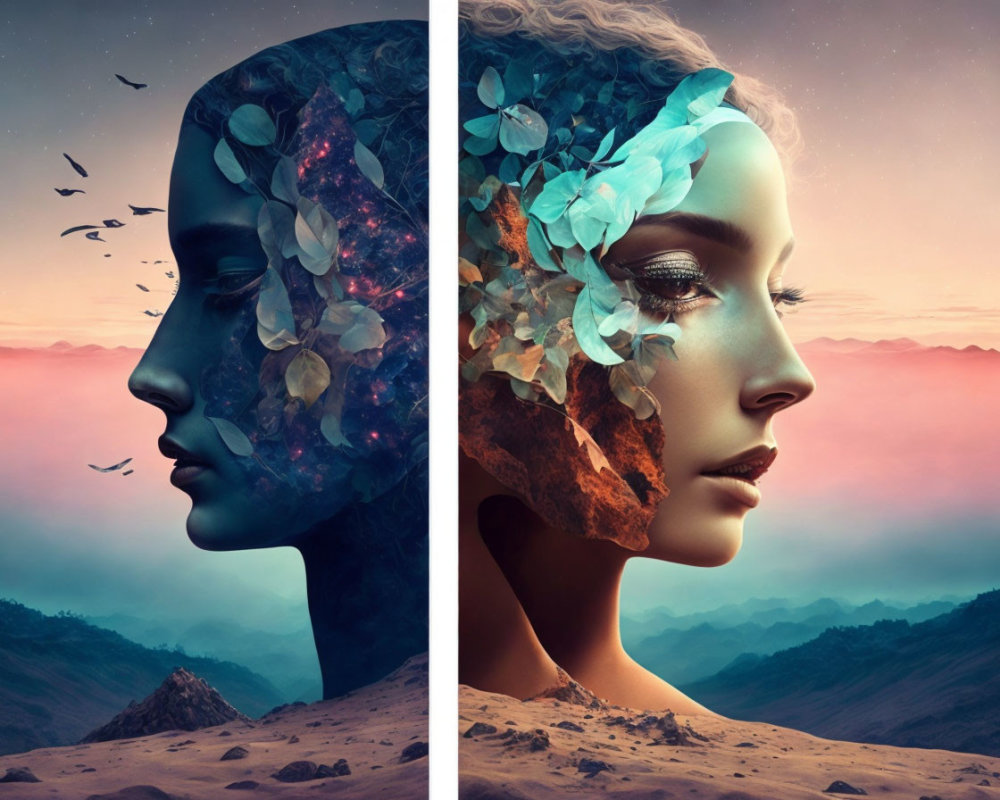 Surreal diptych of female faces with cosmos and floral themes blending into dusk landscape