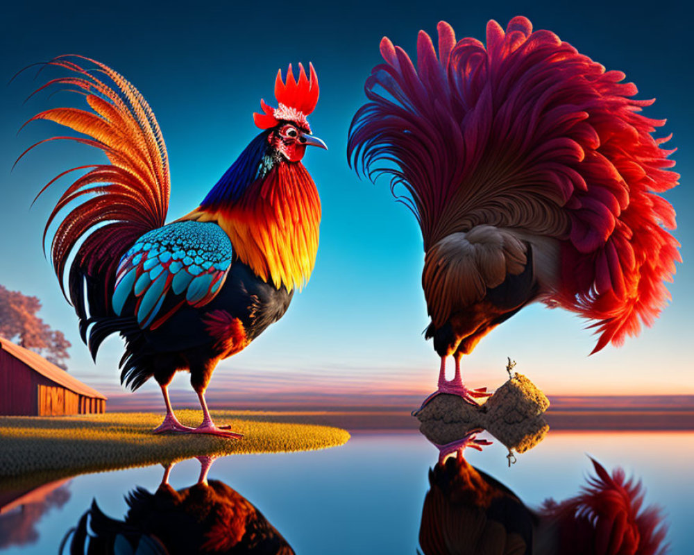 Colorful Roosters with Elaborate Feathers at Barn During Sunrise or Sunset