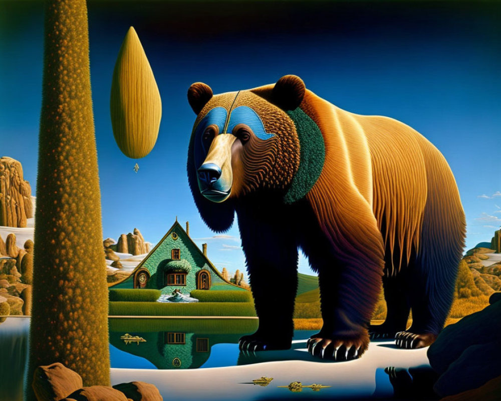 Surreal painting featuring bear, golden seed, house, water reflections, scenic backdrop