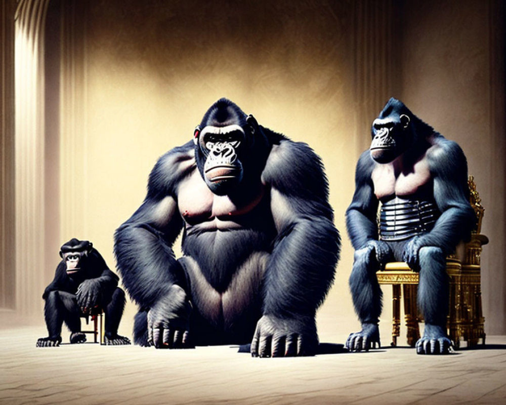 Three stylized gorillas of varying sizes in a grand room with columns, one on a golden throne