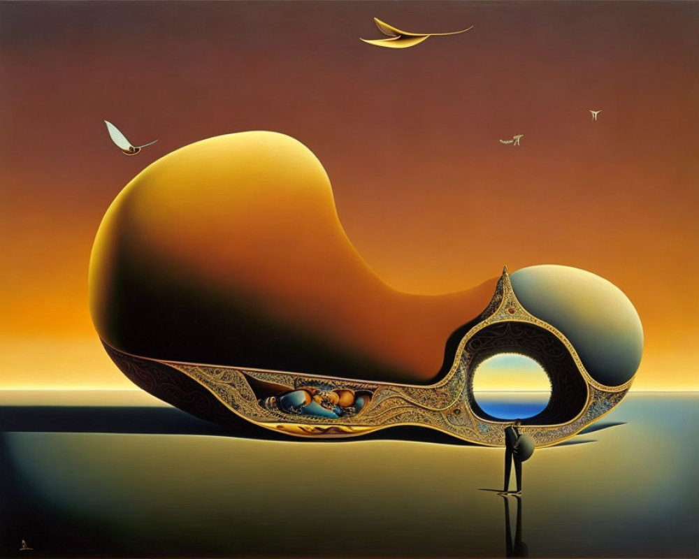 Surreal painting of floating bean-shaped object above reflective surface