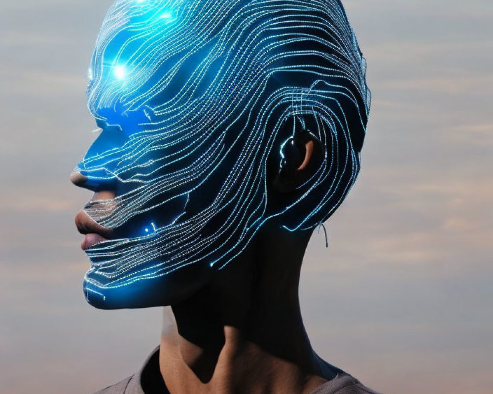 Digital illustration: Person with blue circuit lines on face against cloudy sky