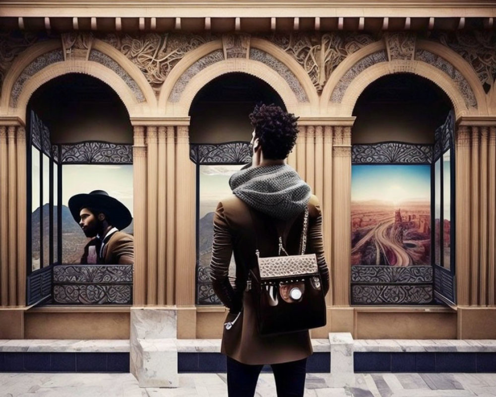 Stylishly dressed person admiring artwork with archways and desert landscape reflections