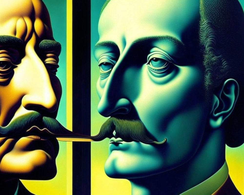 Surrealist painting: Two men's faces with elongated noses blend on yellow background