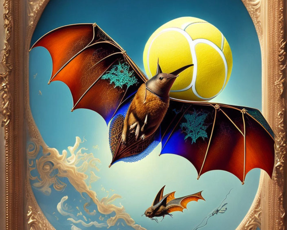 Whimsical painting of bats with butterfly wings playing volleyball