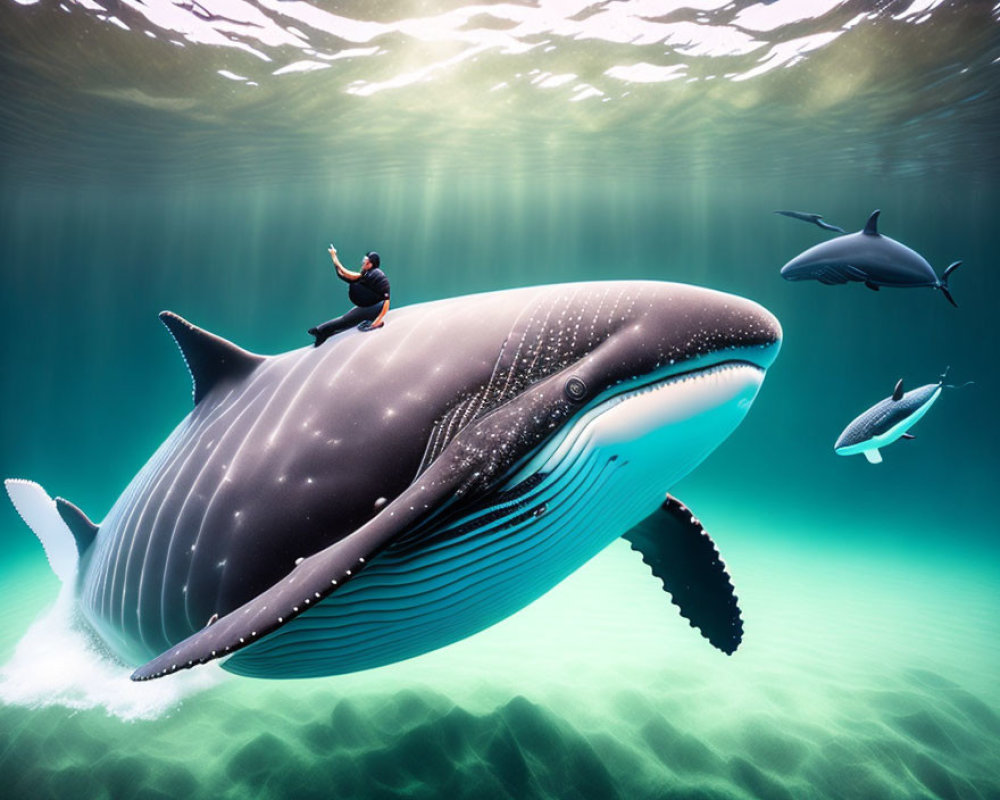 Underwater scene: Diver on whale with dolphins under dappled light