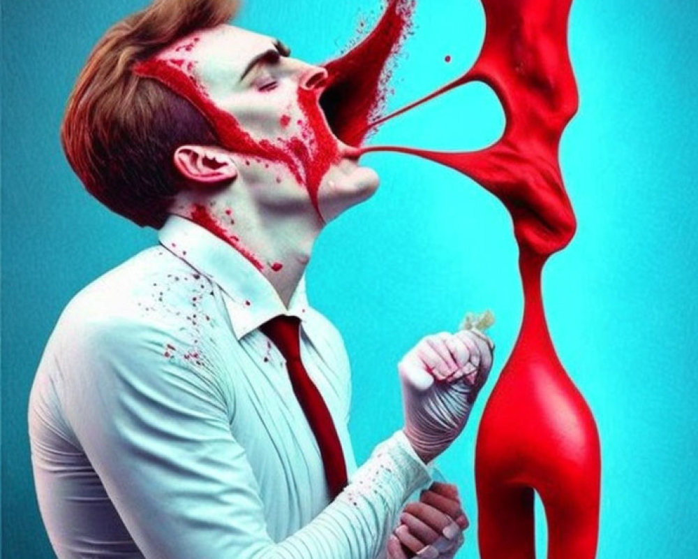 Surreal image of person sneezing red burst connecting with slender figure