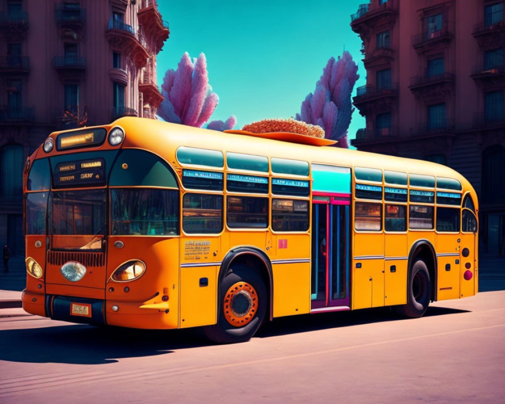 Vintage yellow city bus surrounded by colorful trees and buildings on a sunny street