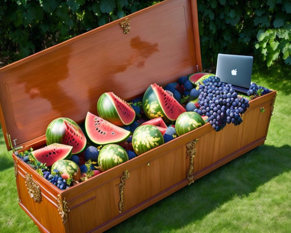 Ornate wooden coffin with watermelons, grapes, and silver laptop