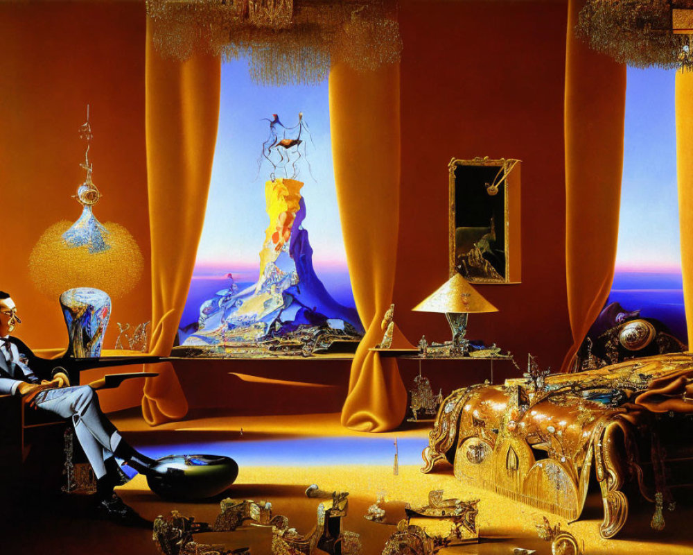 Surreal room with man in suit by window overlooking fantastical landscape