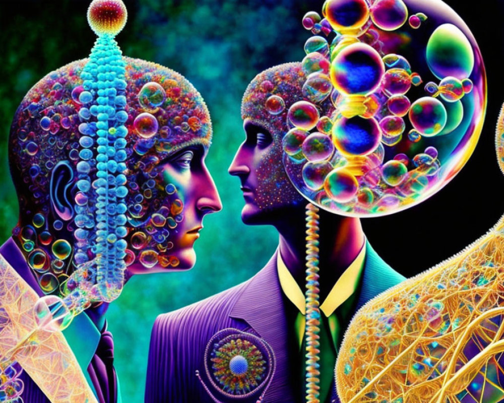 Colorful Psychedelic Art: Human Profiles with Bubble-Like Patterns and Cosmic Background