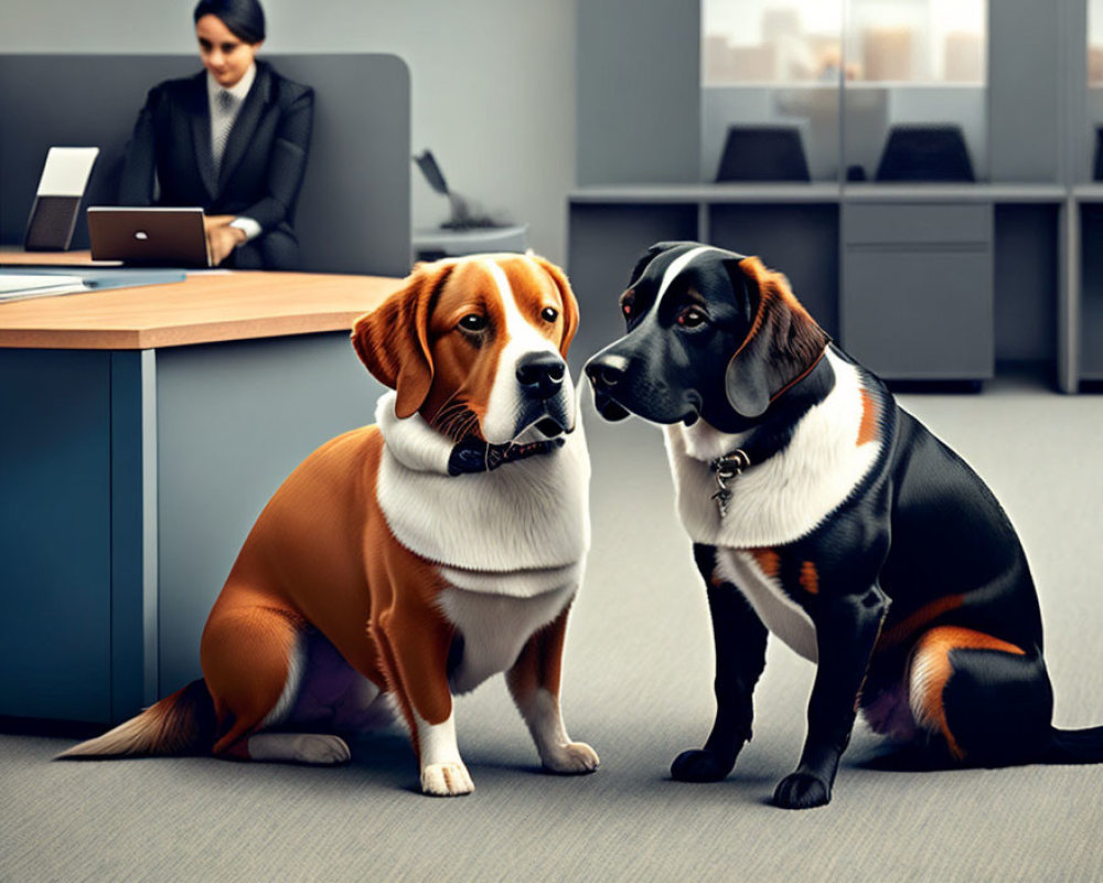 Two dogs conversing in office as businesswoman works