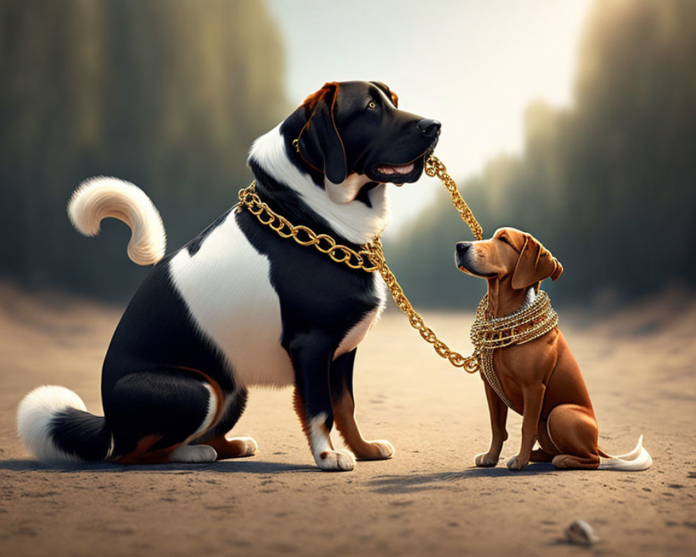 Two dogs holding a golden chain, one large black and white, the other small and tan, on