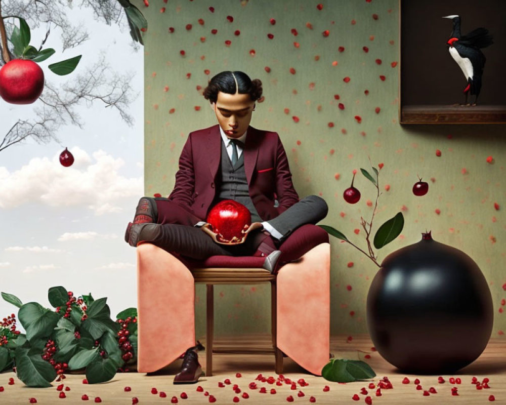 Person in Maroon Suit with Shiny Apple Surrounded by Floating Fruits