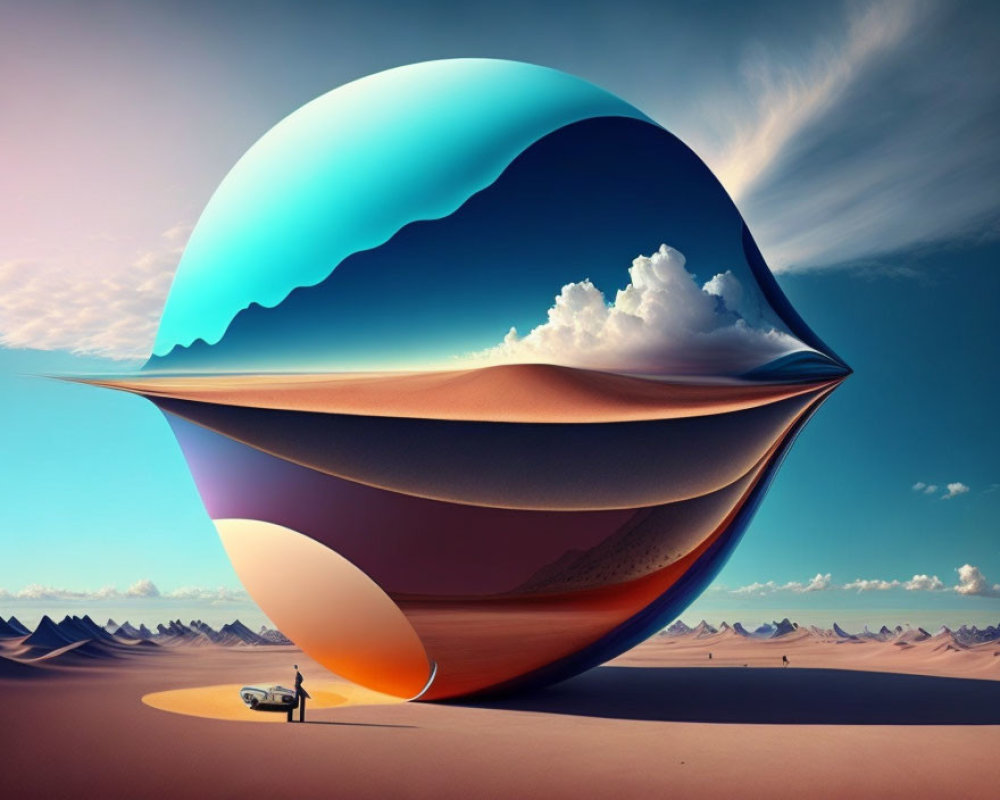 Surreal landscape with person and levitating warped sphere