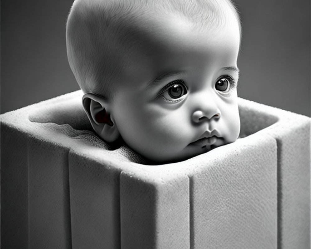 Monochrome photo of baby in square container