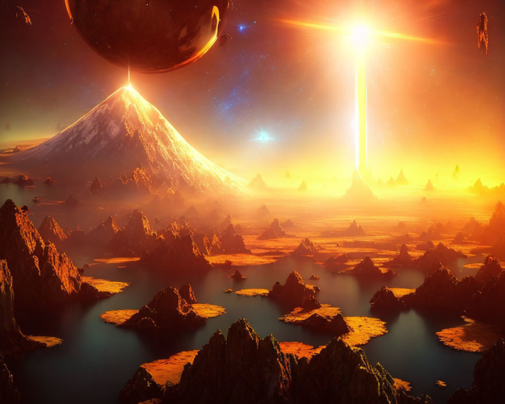 Sci-fi landscape with mountain, lakes, pyramids, and radiant sky