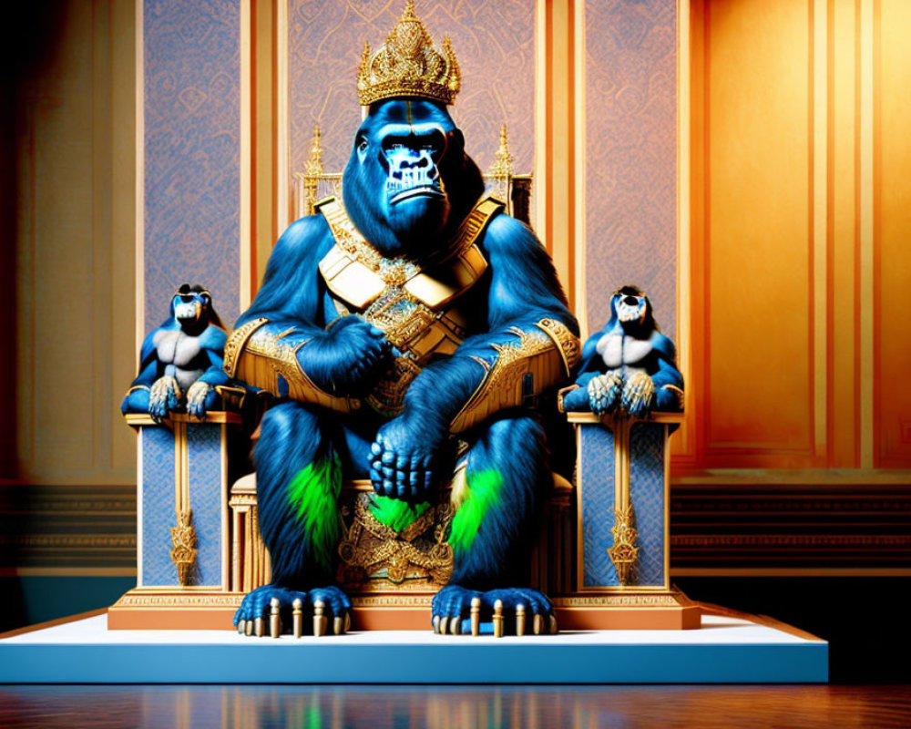 Regal blue gorilla with golden crown on throne surrounded by royal setting