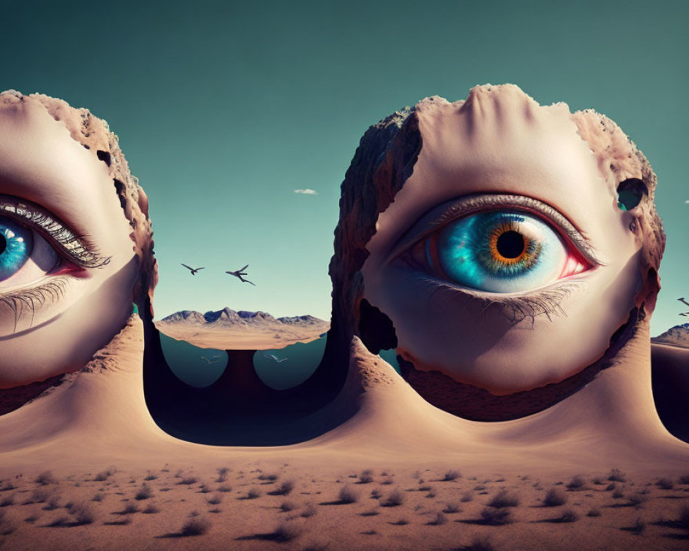 Surreal desert landscape with giant eye-shaped structures in vivid blue.