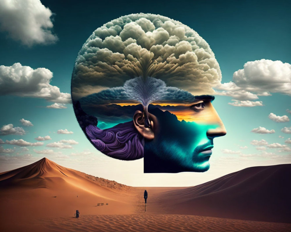 Surreal image of man's profile merging with landscape brain in desert setting