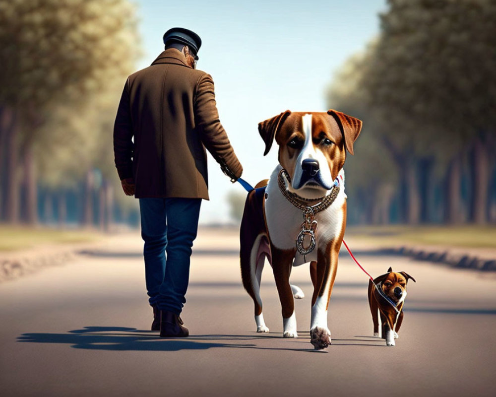 Man walks large dog walking tiny dog on leash in humorous scene.