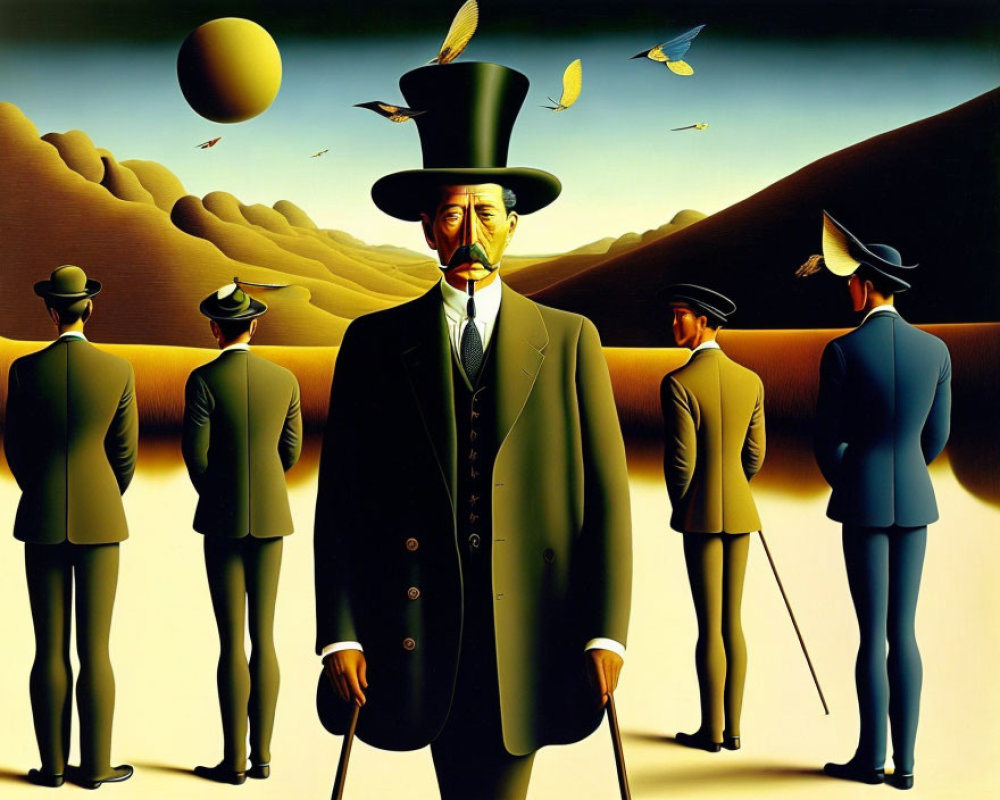 Surreal painting featuring man in top hat and stylized landscape